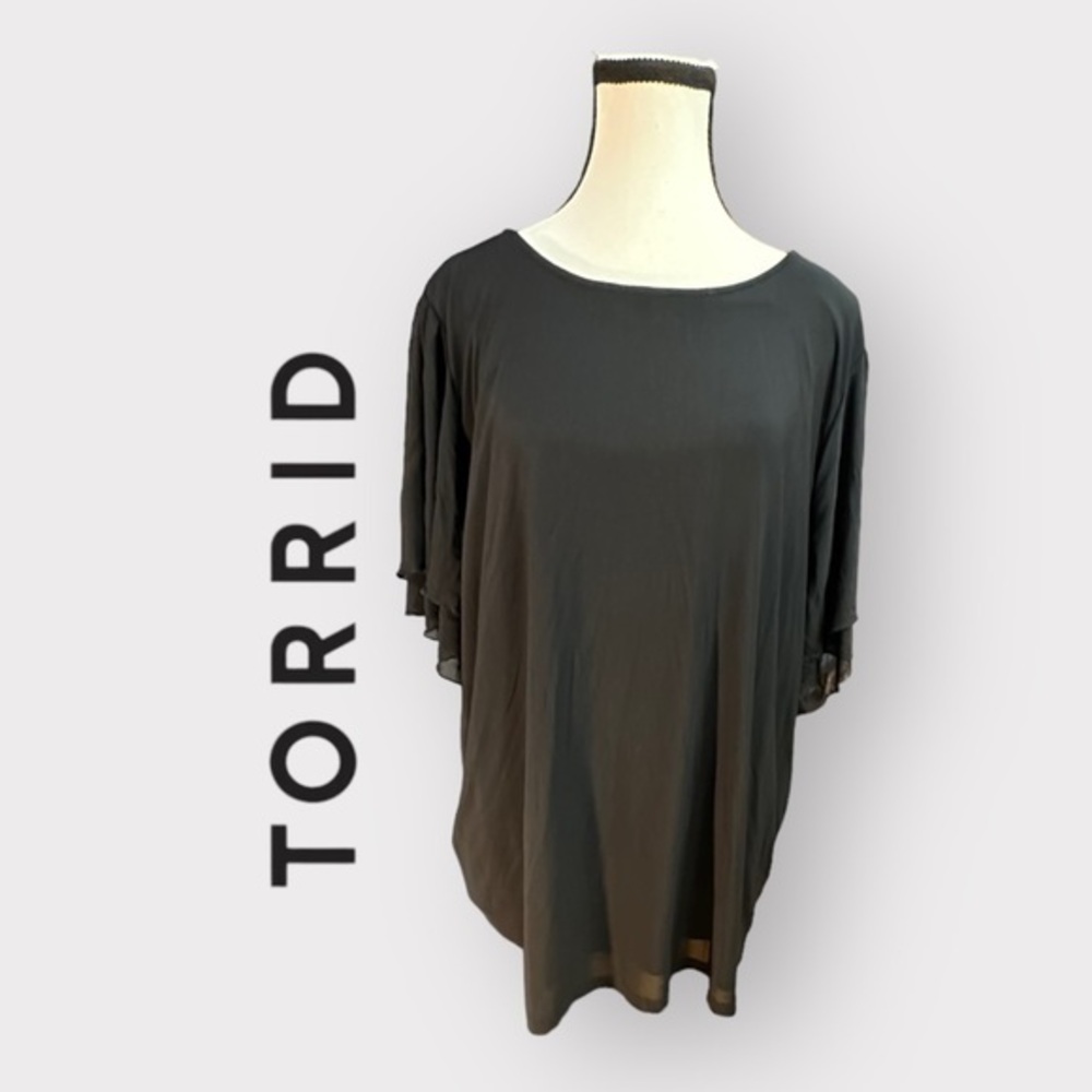 Women’s Torrid 2 Black Slub Georgette Top with Layered Flutter Sleeve 2X 18 20